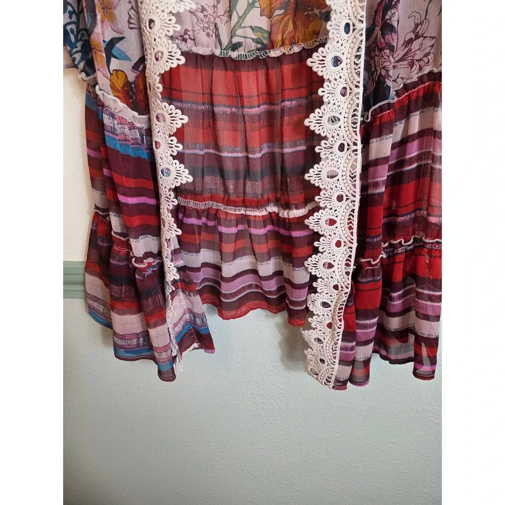 Signature Studio Plus Size 1X Floral Stripe Kimono Crochet Trim Cardigan - Picture 8 of 13